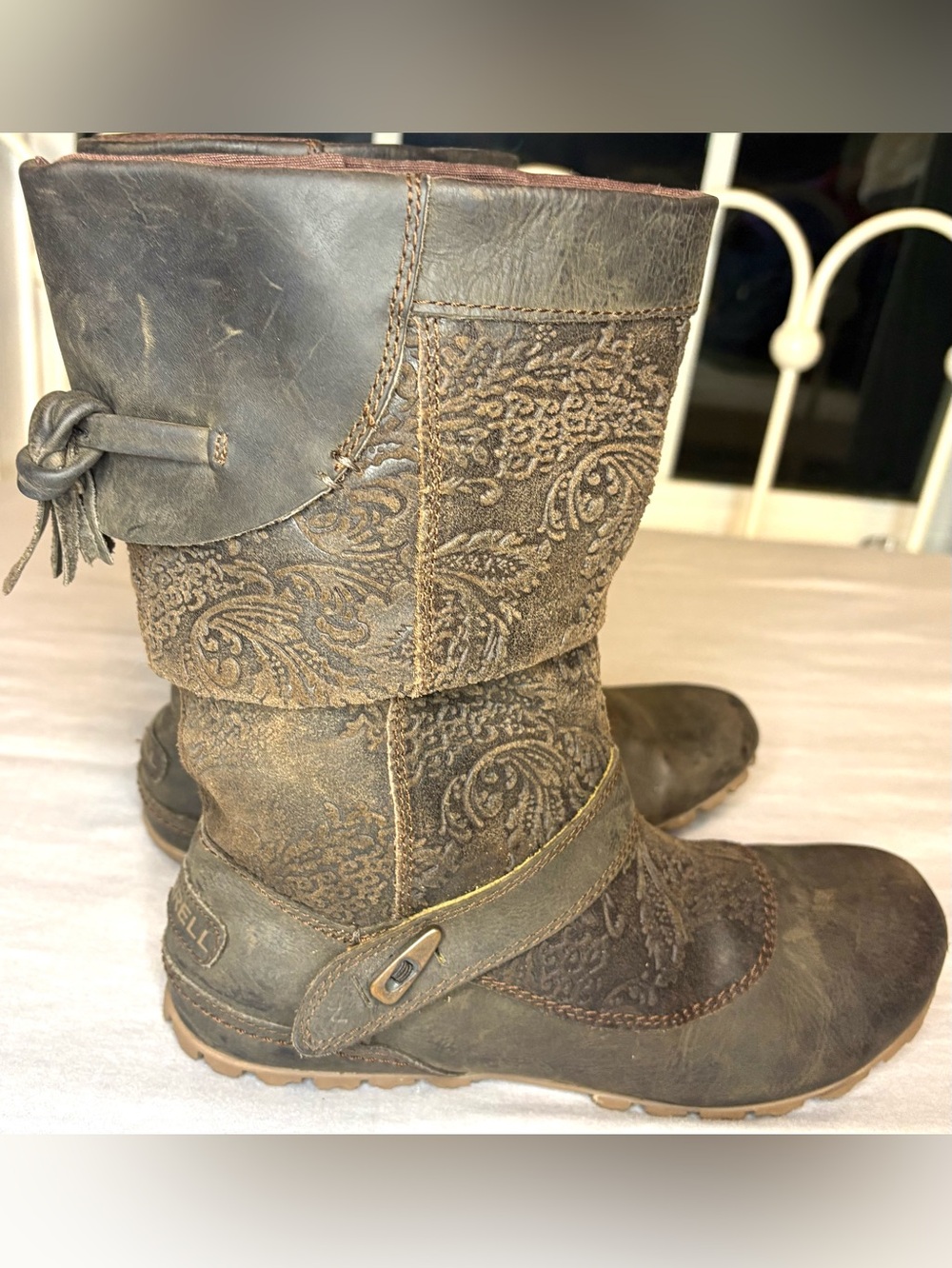 Merrell Haven Brown Embossed Leather Slouch Mid Calf Boots Women’s 8